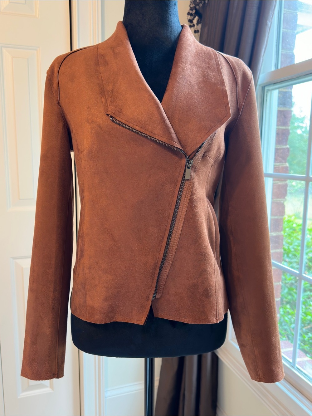Philosophy Rust Brown Asymmetrical Zipped Faux Suede Jacket | Size Medium